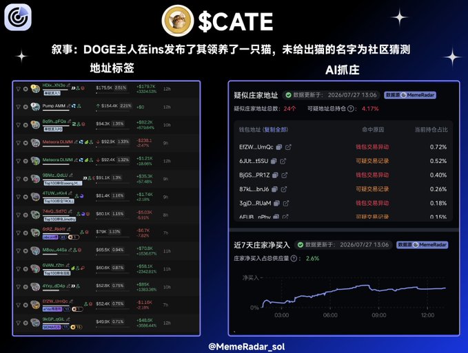 A crypto analytics dashboard titled '$CATE' showing Chinese text about DOGE, alongside lists of token addresses, suspicious wallet activity, and a 7-day net purchase chart.
