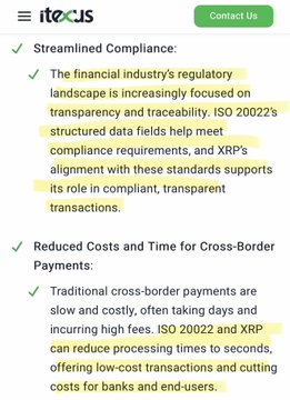 A screenshot from itexus.com lists benefits of ISO 20022, with highlighted text stating "The financial industry's regulatory landscape is increasingly focused on transparency and traceability. ISO 20022's structured data fields help meet compliance requirements, and XRP's alignment with these standards supports its role in compliant, transparent transactions," along with a second point about ISO 20022 and XRP reducing cross-border payment times and costs. The caption visible in the image directly supports the post's claim that ISO 20022 does relate to XRP, contradicting the quoted assertion.
