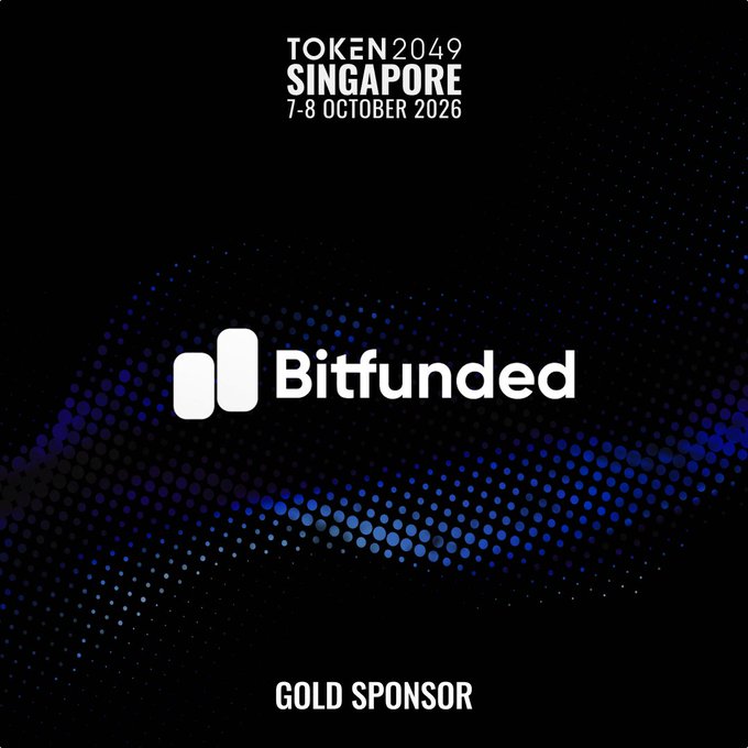 A promotional graphic for TOKEN2049 Singapore (7-8 October 2026) featuring Bitfunded as a Gold Sponsor, with the Bitfunded logo displayed against a black background with a blue dotted wave design. The image serves as sponsor recognition for the conference where attendees can meet the crypto prop trading firm that offers simulated trading challenges across 100+ crypto pairs with USDT payouts.
