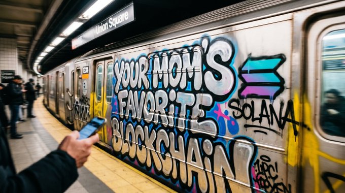 The image shows a subway train with graffiti on its side, including the text "Your mom's favorite blockchain. Solana". The graffiti appears to be colorful and artistic, adding character to the subway car. A person can be seen holding their phone in front of the graffiti-covered train car.