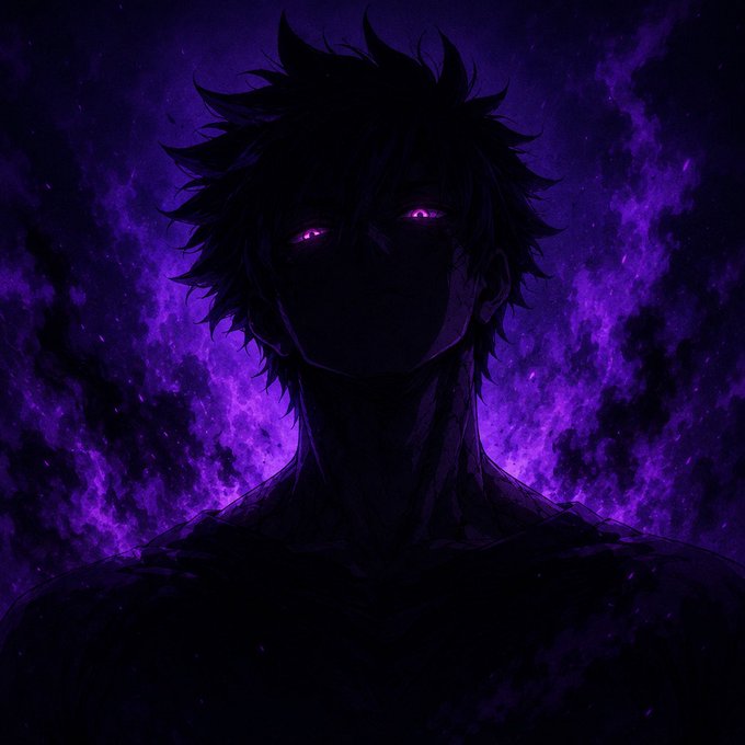 A shadowy silhouette of a spiky-haired anime figure with glowing magenta eyes emerges against a swirling backdrop of purple flames and starry darkness, embodying an ominous, sinister aura that matches the menacing "Hehhehehehehehehe" laugh.
