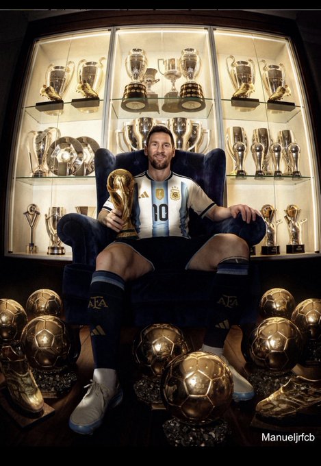 An AI-generated or edited image of Lionel Messi wearing the Argentina #10 jersey, sitting on a chair surrounded by World Cup trophies, Ballon d'Or awards, and golden footballs, credited to 'Manueljrfcb'.