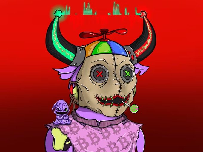 A digital illustration of a creepy horned figure with X eyes, stitched mouth, and propeller hat, wearing a pink Bitcoin-patterned shirt against a red background.