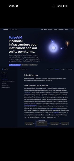 A screenshot of the PulseVM website displaying text about 'Financial infrastructure your institution can run on its own terms.' and a 'Title & Escrow' section.