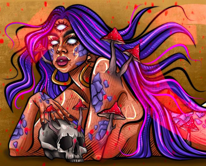 This surreal illustration depicts a woman with purple hair, a third eye, and red mushrooms, visually echoing the text "I'm really tired. Sweet dreams, world available on objkt."