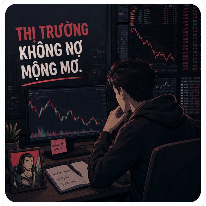 The image shows a young man with his head down at a desk, staring at multiple computer screens displaying plunging red stock charts and tickers like DB SJS, AHS, APH, and AVM with steadily dropping prices down to -20.00, alongside a notebook listing lessons "Không bắt dao rơi, Kỷ luật, Kiểm soát" and a framed photo. The Vietnamese text reads "THỊ TRƯỜNG KHÔNG NỢ MỘNG MƠ" (The market owes nothing to dreamers), and the accompanying caption perfectly captures the trader's despair after mistiming a bottom-buy, learning the hard way that the market shows no mercy to the hopeful.
