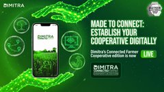 A green promotional banner advertises 'MADE TO CONNECT: ESTABLISH YOUR COOPERATIVE DIGITALLY' featuring Dimitra's Connected Farmer Cooperative edition app launch with an Android phone mockup.