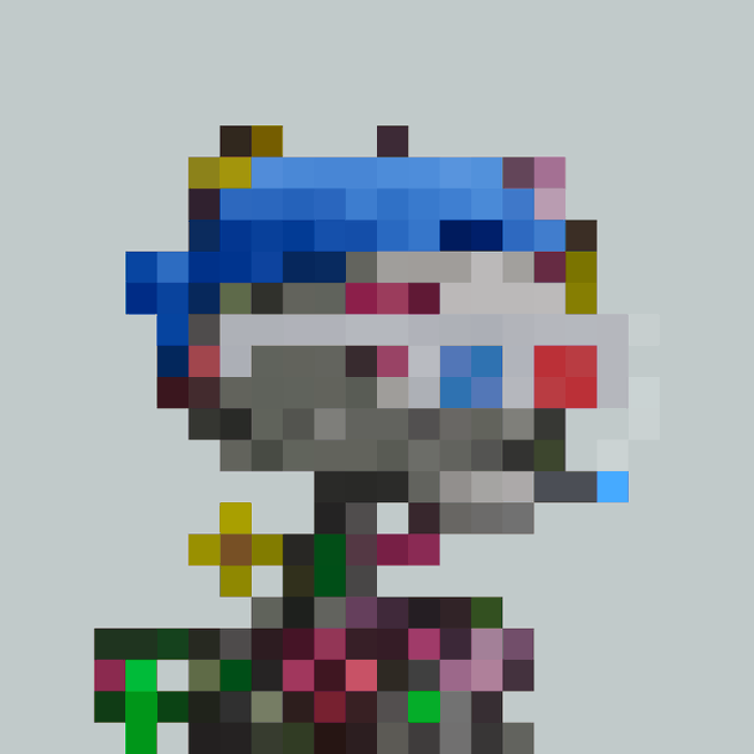 A highly pixelated, abstract mosaic-style portrait of a figure wearing a blue helmet or cap, composed of multicolored square blocks.