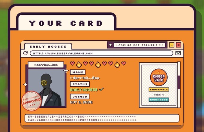 A pixel art graphic showing a 'YOUR CARD' interface for 'EMBERVALE' with 'EARLY ACCESS APPROVED' for user '@derrick._.Bse', joined on 'OCT 9, 2025'.