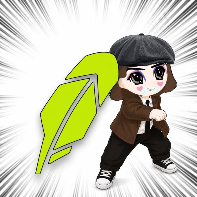 A chibi-style Robinhood avatar in a detective outfit poses with a green arrow pointing upward against a speed-line background, symbolizing the platform's bold pivot into memecoin launches, NFTs, and prediction markets to attract Gen Z crypto traders.