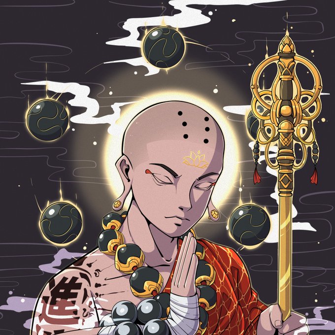 A stylized digital illustration of a meditating Buddhist monk with a halo, a lotus mark on his forehead, and body tattoos, holding prayer beads and a golden khakkhara staff, surrounded by dark floating orbs in a night sky.
