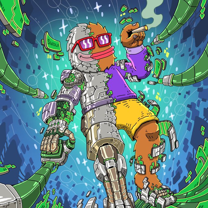 A colorful cartoon illustration depicts a half-robotic, half-organic character wearing sunglasses and yellow shorts, surrounded by green tentacle-like structures and floating dollar bills.