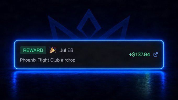 A glowing neon-bordered notification displays a 'REWARD' of '+$137.94' for a 'Phoenix Flight Club airdrop' dated Jul 28, set against a dark background with a crown logo.