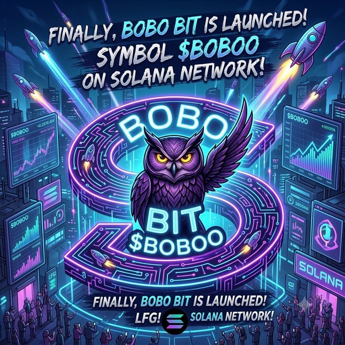 A vibrant promotional graphic announcing 'FINALLY, BOBO BIT IS LAUNCHED! SYMBOL $BOBOO ON SOLANA NETWORK!' featuring a purple owl, rockets, and a cheering crowd with rising stock charts.