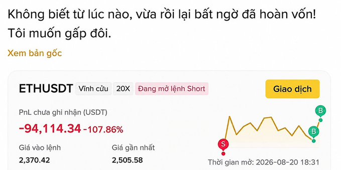 A Vietnamese trading screenshot showing a 20x short position on ETH/USDT with an unrealized loss of -107.86%, with text expressing surprise at breaking even and a desire to double the position.