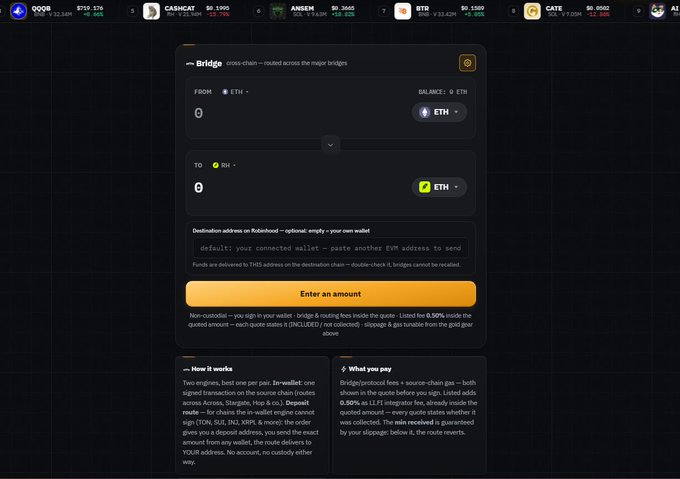 A crypto bridge interface showing an ETH to RH (Ronin) transfer form with a 'Bridge' cross-chain option, displaying a 0.50% fee and 1 ETH quote.