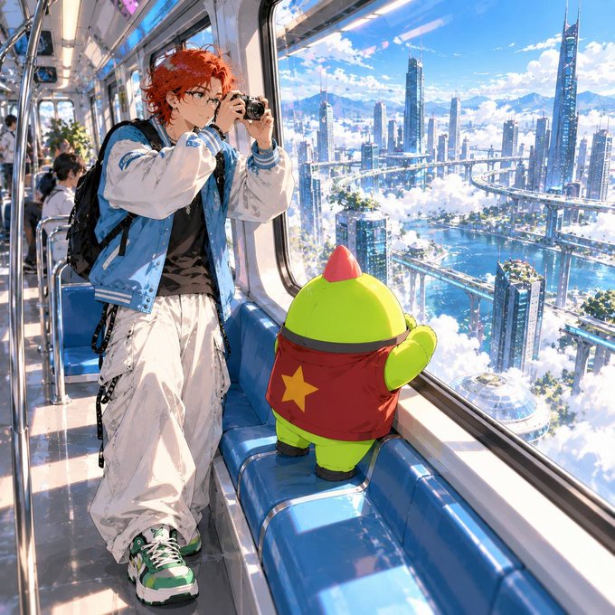 Anime-style illustration of a red-haired boy in a varsity jacket taking a photo with a camera next to a small green mascot character in a red star shirt, both inside a train looking out at a futuristic cityscape.