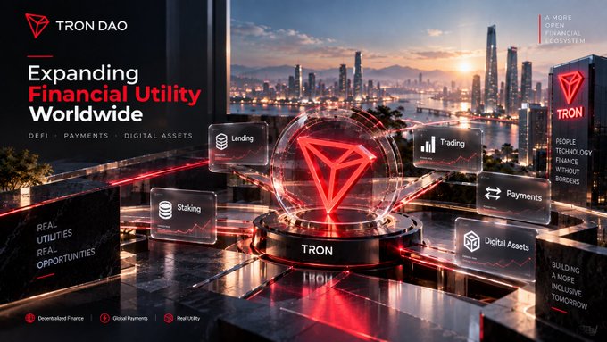 A promotional banner for TRON DAO with the text 'Expanding Financial Utility Worldwide', featuring a cityscape backdrop and icons for Lending, Trading, Payments, Staking, and Digital Assets.