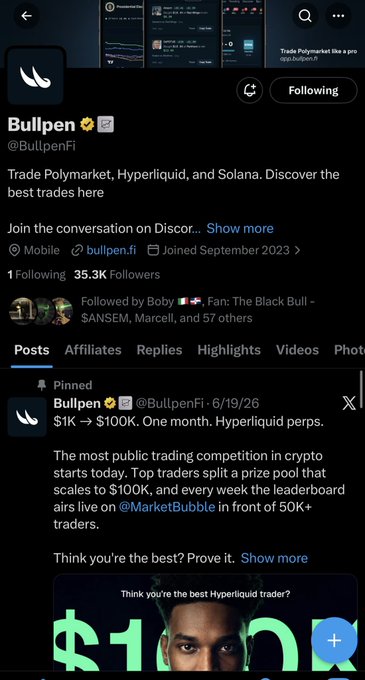 Twitter/X profile of Bullpen (@BullpenFi) with bio 'Trade Polymarket, Hyperliquid, and Solana,' showing 35.3K followers and a pinned post about a $1K → $100K Hyperliquid perps trading competition.