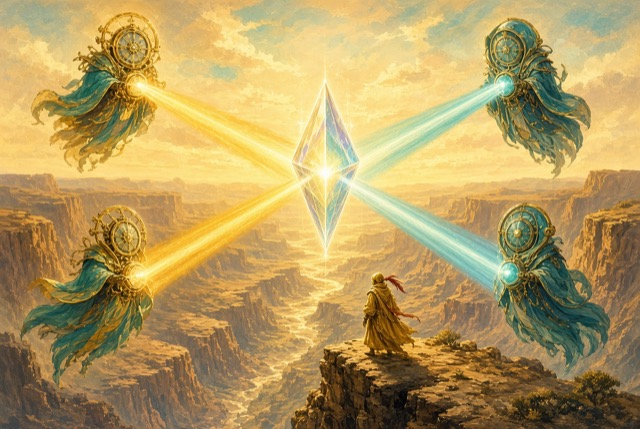 A fantasy artwork depicting a lone cloaked figure standing on a cliff edge, looking toward a glowing crystalline shard emitting beams of yellow and blue light from four ornate floating mechanisms.