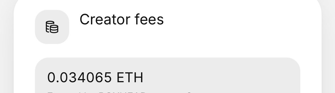 The image displays a "Creator fees" section showing 0.034065 ETH, likely representing earnings from a cryptocurrency or NFT project. This relates to the post by suggesting the creator is profiting from fees amid an update, with the amount shown as today's "stimmy" payout from ponsfamily.