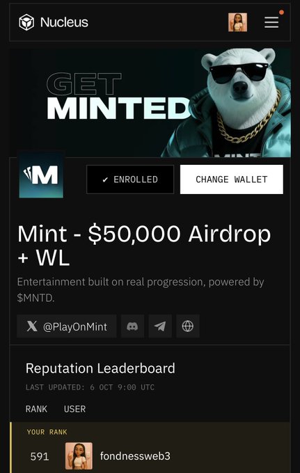 A mobile screenshot of the Nucleus platform showing a 'Get Minted' promotion for 'Mint - $50,000 Airdrop + WL' powered by $MNTD, with a reputation leaderboard showing user 'fondnessweb3' ranked 591.