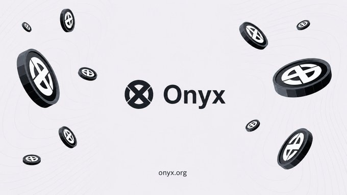 The image features a white background with black text that reads "ONYX" at the top, followed by an x symbol below it. The text also includes the words "ONYX" and "org", which are likely related to the organization behind the cryptocurrency. The image is filled with small circles of varying sizes scattered throughout the frame, creating a sense of randomness or chaos.
