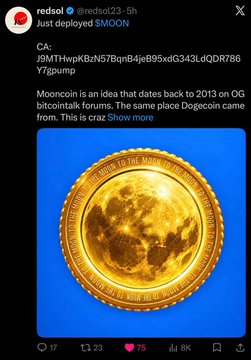 A Reddit-style post from u/redsol23h about a “$15 SOL GIVEAWAY” shows an image of a gold Mooncoin token, with the giveaway text instructing users to engage with a quoted tweet, like, retweet, and post their address. The post notes that Mooncoin dates back to 2013 on OG BitcoinTalk forums.