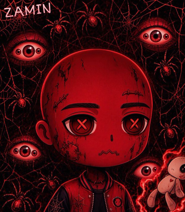 A red-themed horror illustration of a bald character with X-marked eyes, stitched face, surrounded by spiders and eyes with the text 'ZAMIN'.
