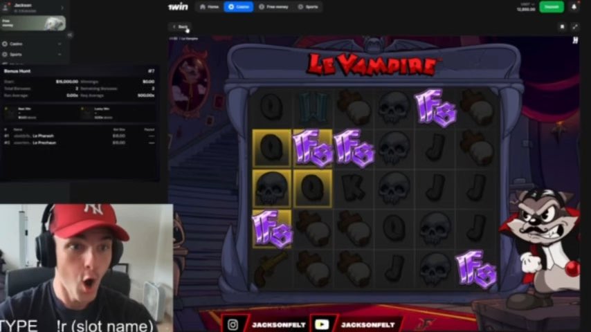 A streamer wearing a red cap and headphones reacts with surprise while broadcasting a slot game called "Le Vampire" on the 1win platform, showing a 5x scatter win highlighted on the reels featuring skulls, coffins, and vampire symbols, with his usernames "JACKSONFELT" displayed at the bottom and a bonus hunt leaderboard on the left side of the screen.