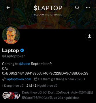 Twitter/X profile page for $LAPTOP (@Laptoptoken) with tagline "RECLAIM THE NARRATIVE", announcing a launch "Coming to @base September 9" with a wallet address, showing 1 day since creation and 21,643 followers.