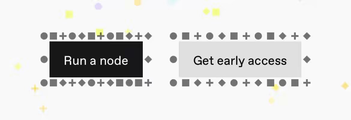 The image features a white background with two black squares placed side by side. The top square has the text "Run a node" written in black letters, while the bottom square has the text "Get early access" written in black letters. These squares are positioned diagonally from each other and are surrounded by yellow circles.
