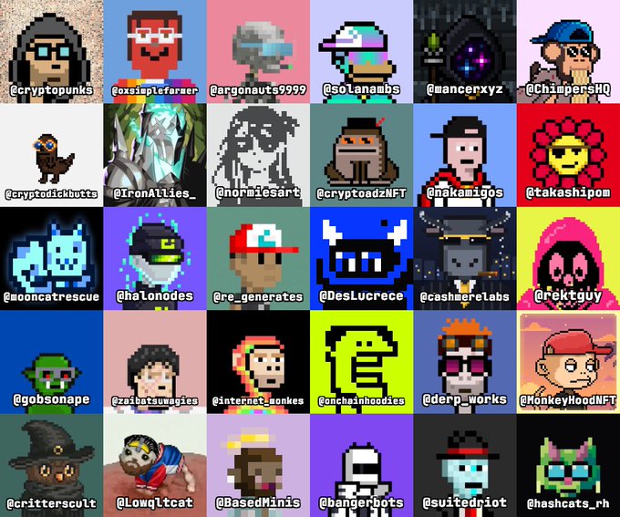 A grid displaying 30 pixel art NFT profile pictures from various on-chain collections (including @cryptopunks, @solananftbs, @mooncatrescue, and @boredapeyachtclub-related projects) with usernames labeled below each character. The image showcases diverse pixel art PFP styles—from humanoid characters to animals and abstract figures—supporting the post's bullish sentiment about on-chain NFT pixel art.