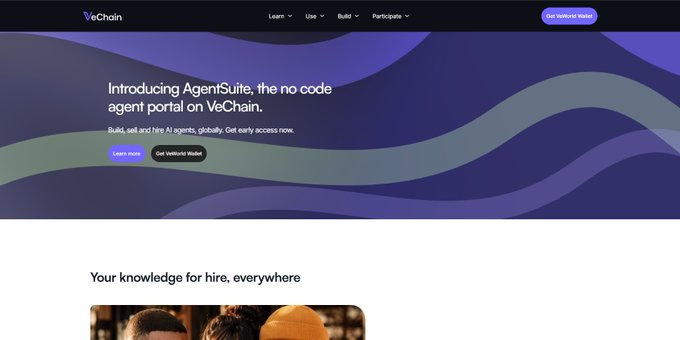 The image shows VeChain's updated website homepage featuring the launch of "AgentSuite, the no code agent portal on VeChain," promoting AI agent building capabilities on the blockchain platform. This visual supports the post's claim about VeChain entering the AI race, showcasing their new AI-focused product offerings on vechain.org.