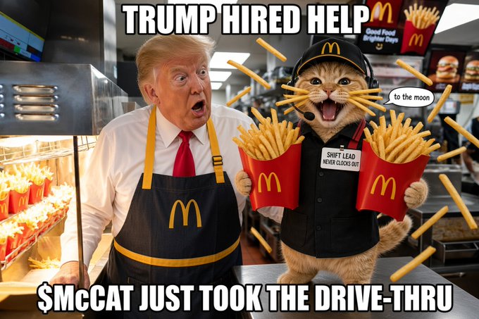 A humorous meme image showing a shocked Donald Trump wearing a McDonald's apron next to an orange cat wearing a McDonald's uniform and cap holding fries, with the text 'TRUMP HIRED HELP' at the top and '$McCAT JUST TOOK THE DRIVE-THRU' at the bottom.