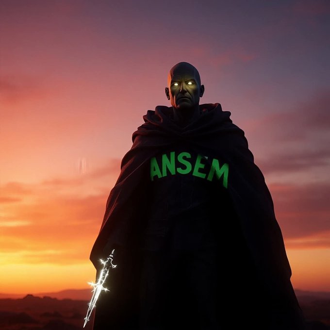 A dark, hooded figure with glowing eyes stands against a sunset sky, wearing a black cloak emblazoned with 'ANSEM' in green text and holding a glowing keyblade-like weapon.