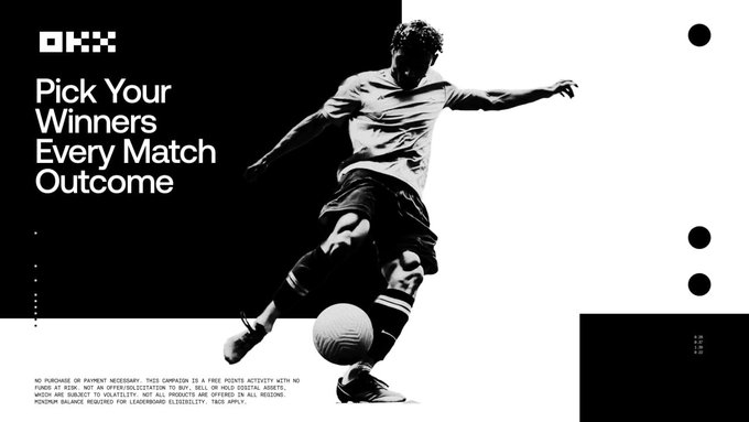 The image features an advertisement for a soccer competition, with a man kicking a soccer ball depicted against a black background. The text at the bottom of the image reads "Pick Your Winners Every Match Outcome" and encourages viewers to participate by sharing their predictions on social media using the provided hashtag.