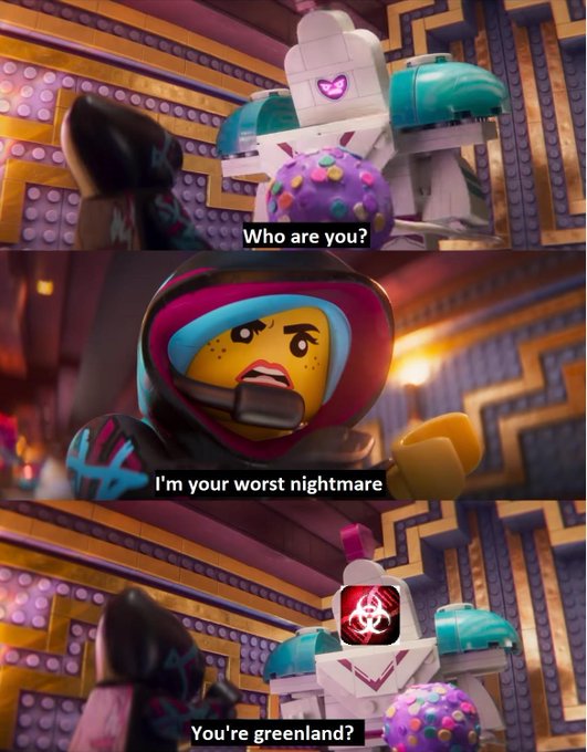 A three-panel scene from a Lego animated show featuring characters in a colorful, geometric room, with subtitles reading "Who are you?", "I'm your worst nightmare", and "You're greenland?".