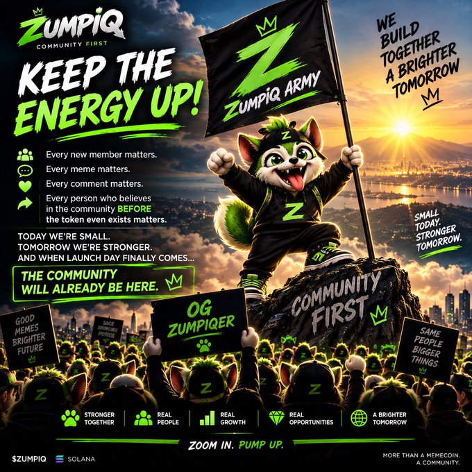 A promotional graphic for '$ZUMPIQ' features a green dog mascot holding a flag that says 'ZUMPIQ ARMY', standing on a rock above a crowd, with text emphasizing 'COMMUNITY FIRST' and 'KEEP THE ENERGY UP!'.