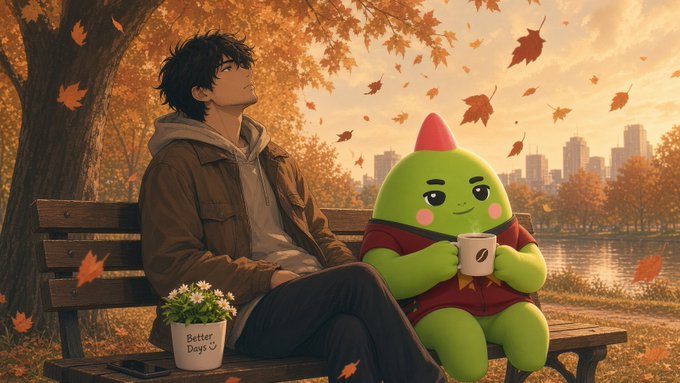 An anime-style illustration shows a young man with dark hair and a green creature with a red hat sitting together on a park bench under autumn leaves, with a small pot labeled 'Better Days' beside them.