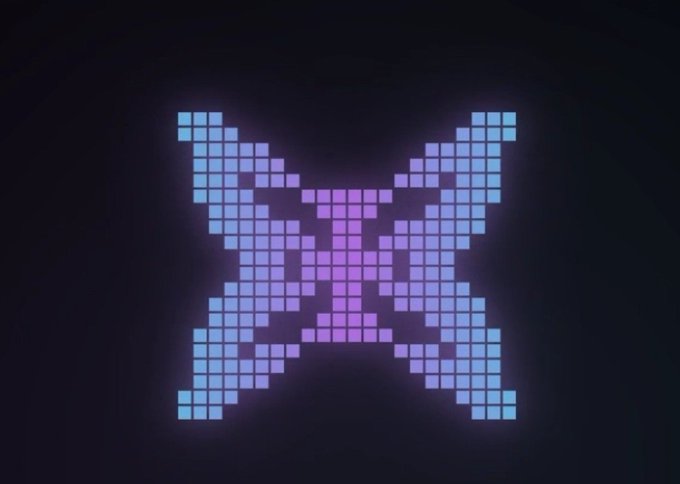 A glowing, pixelated butterfly or 'X' shape made of purple and blue square blocks against a black background.