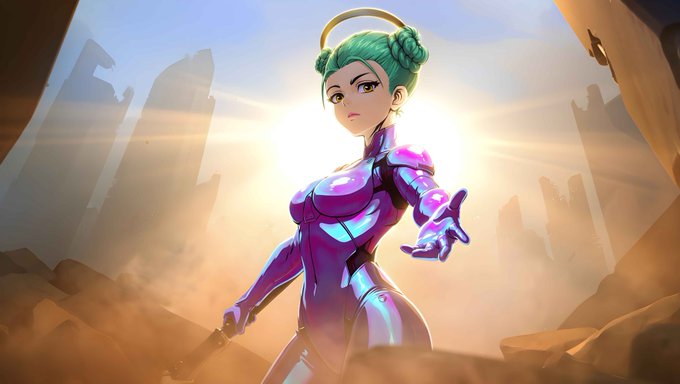 A digital illustration of a female warrior with green hair in buns, wearing shiny purple armor, standing in a desert landscape with a halo behind her head.