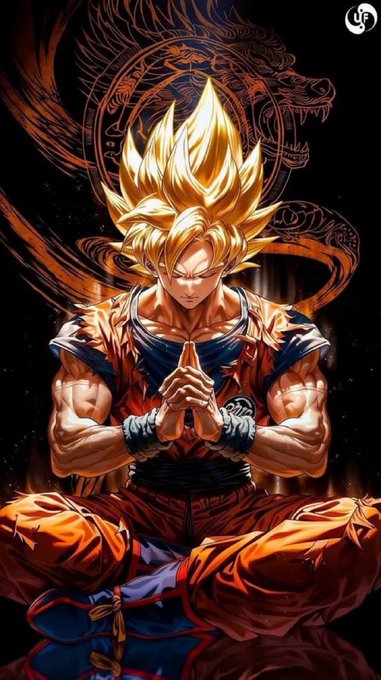 Fan art of Super Saiyan Goku meditating in lotus position with hands in prayer pose, surrounded by the golden Shenron dragon in the background.