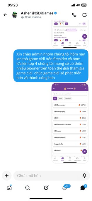A mobile chat interface with a message in Vietnamese from 'Asher @CiDiGames' asking admins to promote their team of 4 to top 4 in the world for the Pi Network Pioneers game, accompanied by a screenshot of the 'Pioneer' leaderboard.
