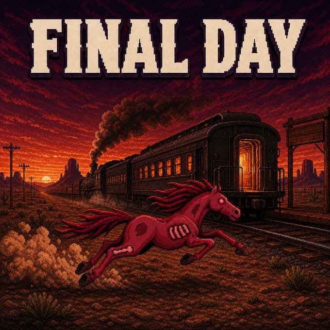 Pixel art depicting a red skeletal horse running alongside a steam train at sunset, with 'FINAL DAY' written in large letters at the top.