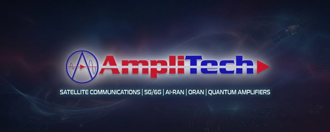 The image features a logo for Amplitech, which is a company that specializes in satellite communications. The logo includes a blue circle with a red arrow pointing towards "AMPLITECH" written inside of it. Below this logo, there are two lines of text that read "SATELLITE COMMUNICATIONS (55) (AMPLITECH) ORAN Quantum Amplifiers". This suggests that Amplitech is expanding its operations into the field of satellite communications and quantum amplifiers. The company has recently made some big hires to support their growth strategy, including the addition of two senior business development leaders who will be working on the expansion plans for 5G technology.