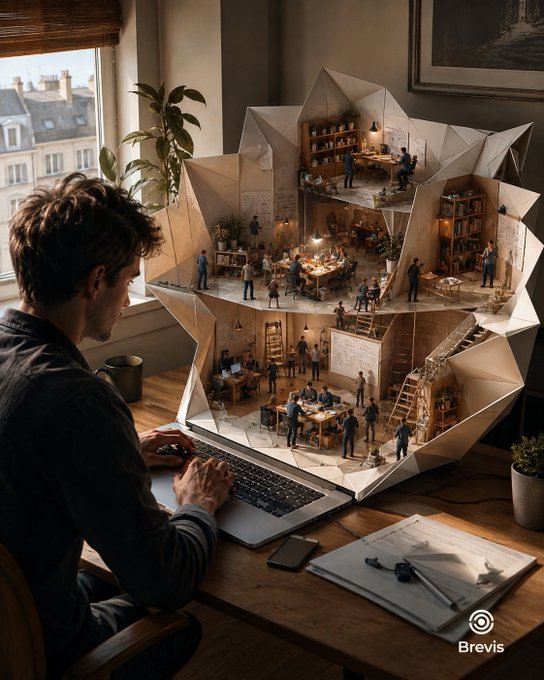 A surreal digital illustration by Brevis showing a man at a laptop, with an elaborate origami-style multi-level workspace emerging from the screen, populated with tiny figures working at desks.
