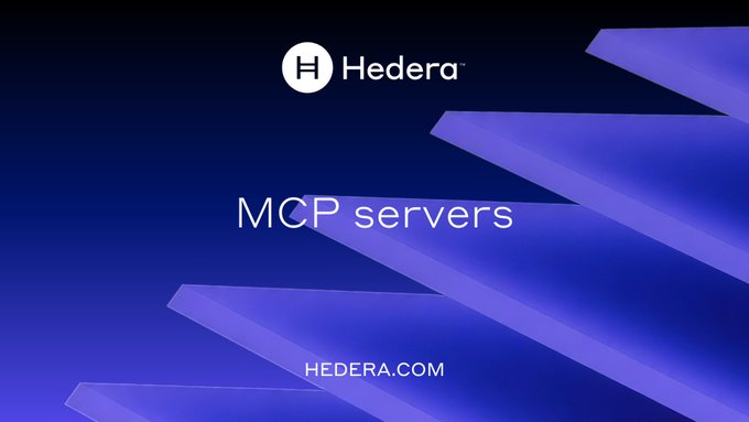 A dark purple gradient graphic displaying the Hedera logo at the top, with "MCP servers" as the main text and "HEDERA.COM" at the bottom, promoting Hedera's MCP servers integration that enables AI agents like Claude Code to create Hedera transactions while users maintain wallet control.