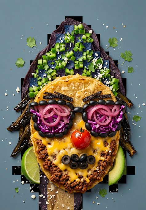 A face-shaped mosaic crafted entirely from taco ingredients, featuring blue corn tortilla chips as a green-topped "hair," cheesy beef as a beard, red cabbage and pickled onions forming pixelated sunglasses, a cherry tomato as a clown nose, olive slices for a mouth, and lime wedges as cheeks—all styled as a creative "Taco Tuesday" portrait mashup.