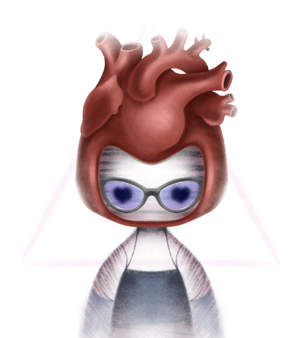An illustration depicts a stylized character wearing purple-tinted sunglasses, a striped shirt, and a denim apron, with an anatomical heart serving as the head, set against a faint purple triangle outline.